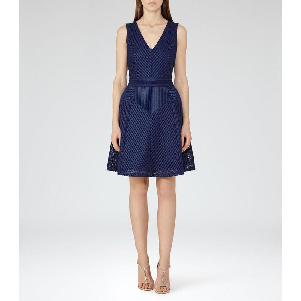 Reiss Topaz Blue Textured Fit & Flare Dress Sleeveless - Picture 1 of 9